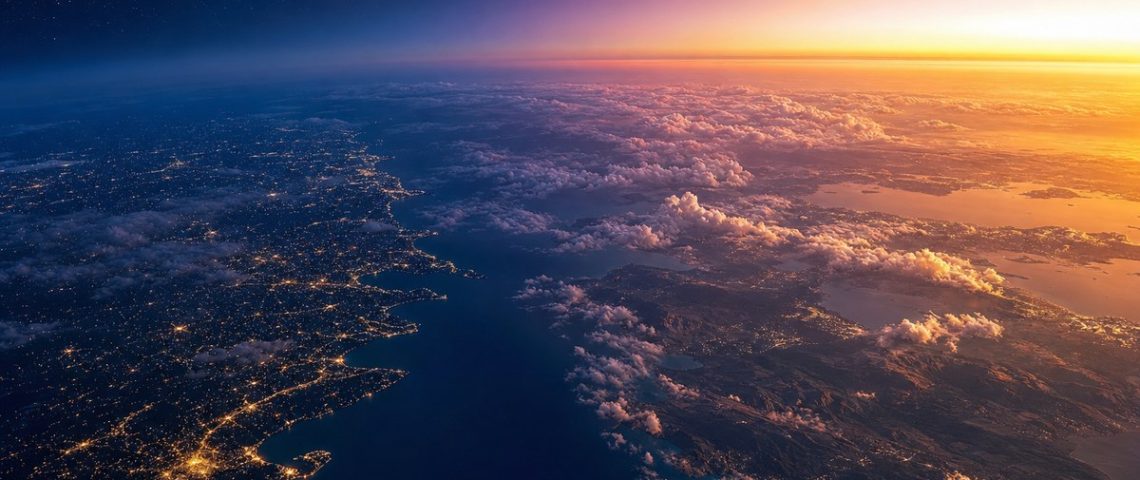 Vedere panoramică de mare altitudine asupra unei coaste la granița dintre zi și noapte, cu lumini de oraș în albastrul crepuscular