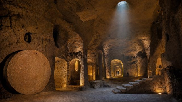 Sală vastă săpată în rocă vulcanică într-un oraș subteran, cu ușă circulară de piatră și pasaje luminate