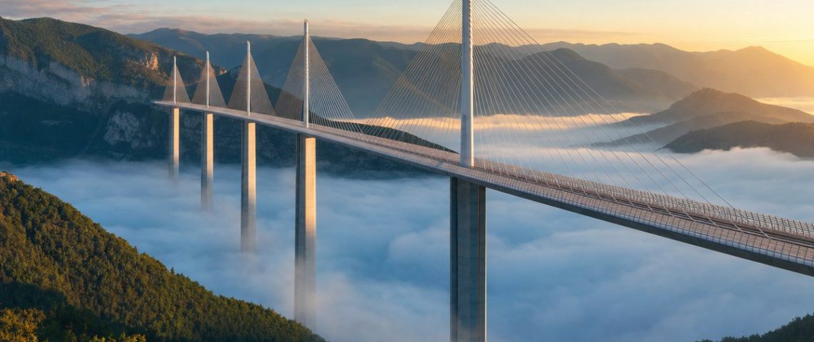 Viaduct modern cu piloni înalți traversând o vale acoperită de ceață la răsărit