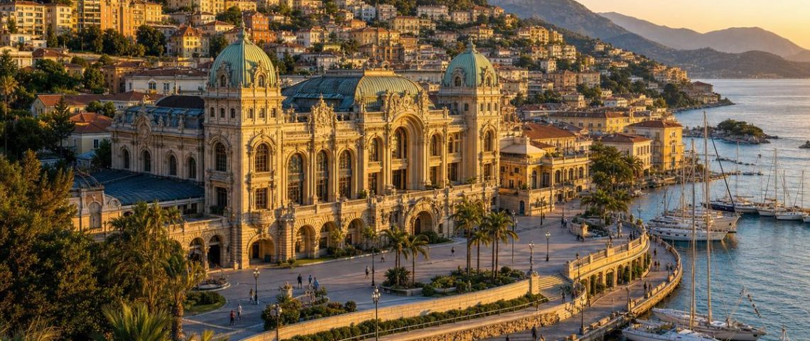 Vedere panoramică la apus asupra unui palat de divertisment din secolul XIX și a orașului construit în jurul lui, pe coasta mediteraneeană