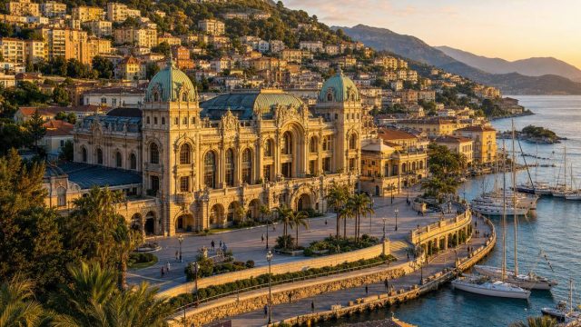Vedere panoramică la apus asupra unui palat de divertisment din secolul XIX și a orașului construit în jurul lui, pe coasta mediteraneeană